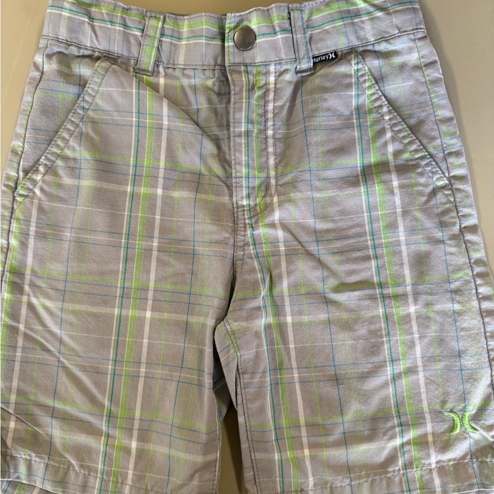 Hurley Boy’s Grey and Green Plaid Shorts